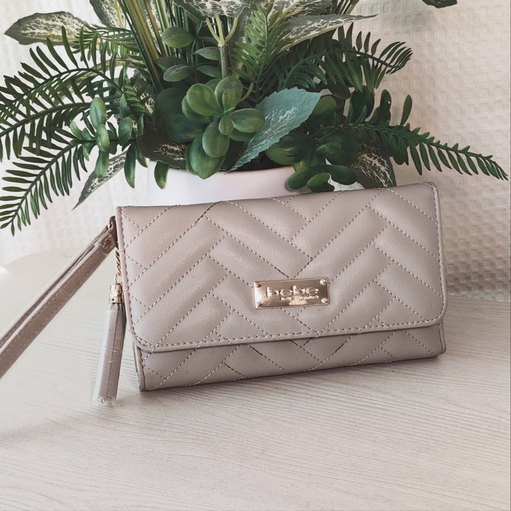 Bebe Women's Sand Beige Faux Leather Trifold Wristlet/Wallet